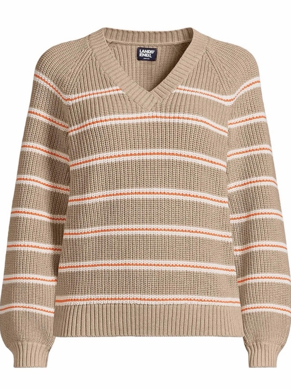 LANDS’ END size medium drifter balloon sleeve v-neck sweater fresh pecan striped
